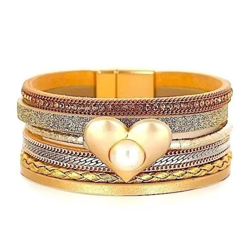 Gold Multi-Layer Heart Pearl Magnetic Clasp Bracelet Boho Chic Sparkle Jewelry